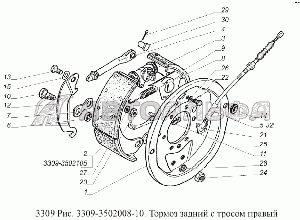 Тормоз задний с тросом правый ГАЗ 3309 (Евро 2)